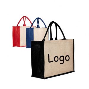 Sac fourre-tout en lin et jute de style antique, grande capacité, avec logo personnalisé imprimé, sac publicitaire promotionnel, sac cadeau - Product Image 1