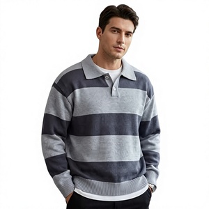 Men's Striped Knitted Pullover Sweater With Collar And Button Closure Autumn Wear Full Sleeve Regular Fit 100% Acrylic - Product Image 2