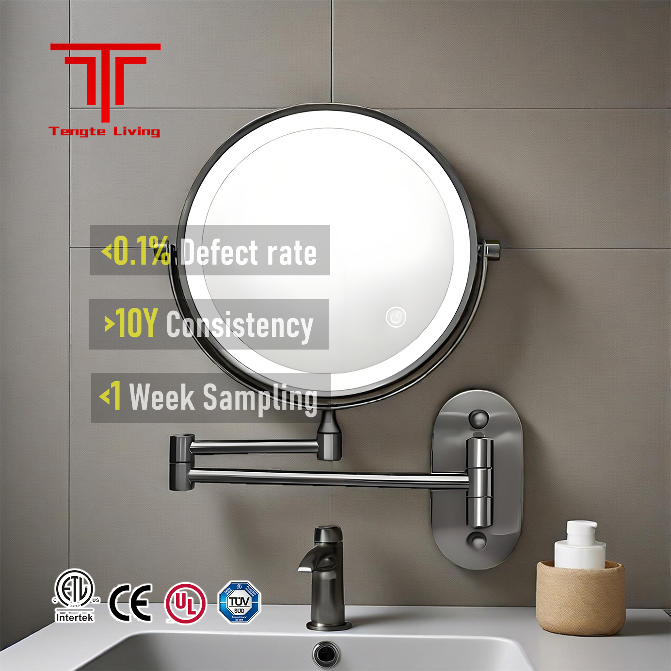 Miroir De Maquillage à Gradation Tactile Avec Lumières Et Grossissement 3X Miroir De Courtoisie De Salle De Bain Mural LED Carré Rotatif Extensible Miroir De Rasage Doré Câblé (Color : Black Size