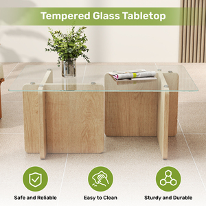Modern Glass Top Coffee Table with Solid Wood Base Eco-Friendly & Durable for Apartment Living Room - Product Image 4