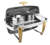 Chauffe-plat professionnel doré à couvercle roulant pour soupes et plats chauds, idéal pour buffets d'hôtel, traiteurs et mariages