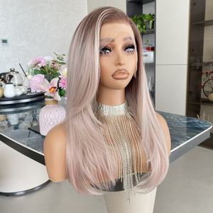 Pelucas sintéticas de fibra de alta calidad 13x4 con encaje, color rosa ceniza rubio con raíz marrón, para mujeres a la moda, uso diario. - Product Image 6