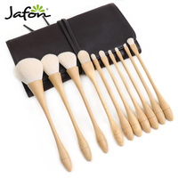 Set sikat perjalanan kosmetik pegangan kayu penuh, serat nilon putih pinggang tipis dengan kantong kosmetik personalisasi Set kuas rias