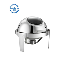 Plat à réchaud rond moderne en acier inoxydable avec couvercle rabattable et fenêtre en verre, design détachable, alimenté à l'alcool, pour buffet