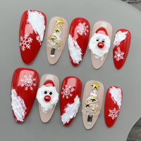 Prensa de Navidad en las uñas 10PCs Set Rojo Blanco Estilo francés Diseño de perlas Forma de ataúd de almendra larga Uñas postizas Colección al por mayor