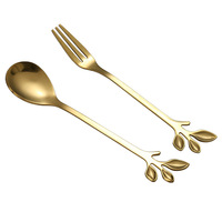 Ensemble de cuillère et de fourchette multifonction en acier inoxydable avec manche en forme de feuille pour le café, le dessert, les fruits - Vaisselle de table fraîche et mignonne