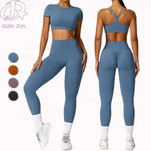 Custom Workout Clothing Activewear Women's Leggings Athletic Wear Sports Short Sleeved Set Yoga Suit Gym Fitness Set