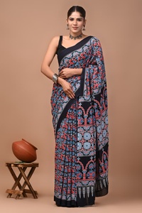 <b>Printed</b> Cotton Mulmul Saree With Running Blouse Lightweight & Elegant Soft Mulmul Cotton Saree - Comfortable <b>Printed</b> Daily Wear - Product Image 1