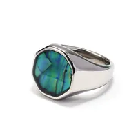 Bague signet imposante en acier inoxydable, incrustée de coquille d'ormeau octogonale irisée polie, bijou de mode