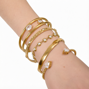 Bracelet J&D classique en acier inoxydable plaqué or 18 carats, tendance, superposé, poli miroir, ovale, rond, zircon, creux, pour soirée - Product Image 1
