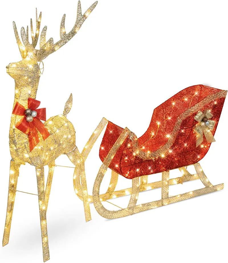Wholesale Holiday Metal Lighted Christmas Reindeer   Sleigh Outdoor Yard Decoration