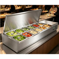 Table de préparation réfrigérée commerciale en acier inoxydable pour pizzas, salades de fruits et présentation de produits de charcuterie avec deux zones de température