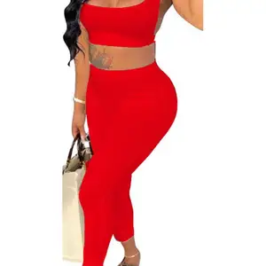 Autumn Women's New Solid Color Slim Sleeveless Open Navel Tank Top Tight Fit High Waist Casual Pants Set