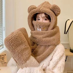 Bonnet d'été tout-en-un en peluche chaud et tendance pour adultes, motif ours mignon, avec écharpe, masque et gants en velours moelleux, idéal pour l'extérieur et la protection contre le froid pour hommes - Product Image 6