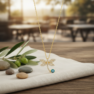 Collier porte-bonheur turc, breloque, œil maléfique, libellule, or massif 14K - Product Image 2