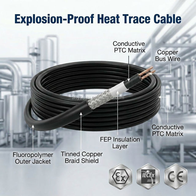 Ex-proof Self Regulating Heat Trace Cable High Temperature Chemical Resistant Fep Outer Jacket