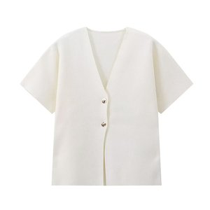 เสื้อถักคอวีแขนสั้นผู้หญิง แฟชั่นเสื้อคอวีสีพื้น - Product Image 2