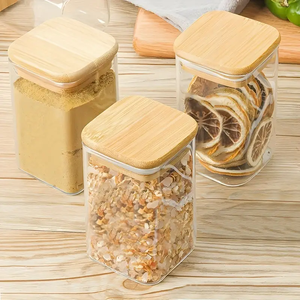 Yolowe Nhà 280Ml Vuông Thủy Tinh Gia Vị Jar Với Nắp Tre Kín Thực Phẩm Lưu Trữ Container Lưu Trữ Chai & Lọ - Product Image 3