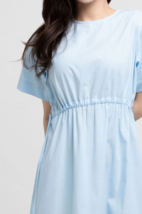 Light Blue O-Neck Loose Midi Dress With Drawstring <b>Elastic</b> Waist Short Sleeve Casual Summer Woven Cotton Solid Color Flared Hem - Product Image 4