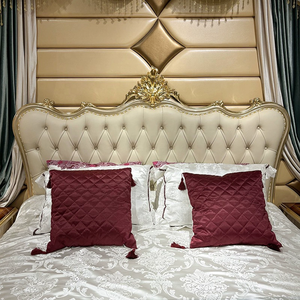 Muebles de Dormitorio de Lujo Europeos en Cuero Genuino, Cama King Size, Cama Francesa Antigua Tallada en Madera Maciza con Diseño de Hojas, para el Hogar - Product Image 2