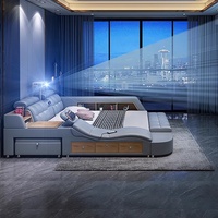 Lit intelligent de luxe moderne multifonctionnel en cuir taille King avec commode de rangement et fonction de massage du repose-tête, cadre en bois