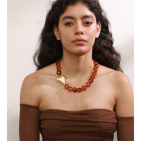 JINYOU 1757 Acrylic Resin Amber Heart Beads Necklace Stainless Steel Plated Gold Large Heart Necklace for Sweater Chain