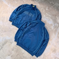 Veste de survêtement homme zippée intégrale col montant bleu marine avec passepoil bleu clair, poignets et ourlet côtelés, en polyester, pour le sport, fabrication OEM ODM, vente en gros, marque privée