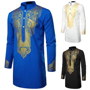 Camicie nere Dashiki stampate tradizionali africane con bottone blu personalizzate per gli uomini - Product Image 1