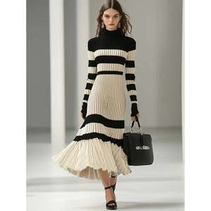 Striped Turtleneck Colorblock Midi <b>Dress</b> Women's Sweater <b>Dress</b> Long Sleeve Ribbed Knit <b>Dress</b> Black White Stripes - Product Image 2