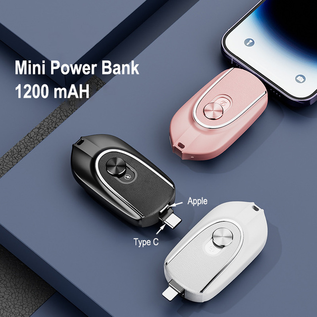 Portable Ultra Slim Dual Plug 1200mAh Emergency Fast Charging Type-C Power Bank Keychain Mobile Backup Battery for Android