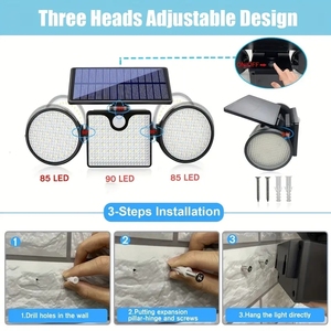 Lampe solaire à 260 LED, 3 têtes, étanche IP65, haute luminosité, détecteur de mouvement, lampe murale solaire, projecteur réglable - Product Image 5