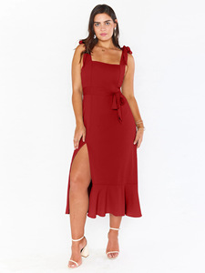 Vestidos elegantes y con estilo para mujer, de color sólido, con cuello cuadrado, con tiras, para verano, ropa femenina para ir al trabajo, con cordones, empalmados, de cintura alta. - Product Image 1