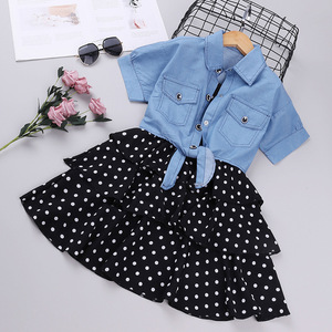 New Style Summer Short Sleeve Denim <b>Jacket</b> Polka Dot Slip Kids Girls Dress - Product Image 1