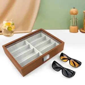 Customized Retro Brown Wooden 8-grid Glasses Storage Box Wooden Glasses Display Box With Transparent Cover