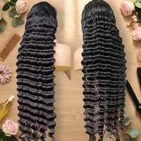Perruque Lace Front HD Transparente 40 pouces, Cheveux Humains Vierges Indiens Ondulés Profonds, Base en Dentelle Sans Colle, Double Tissage, Couleur Naturelle