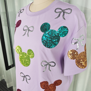 Phụ Nữ Của Tùy Chỉnh Chất Lượng Cao Quá Khổ Sequin T-Shirt Ngắn Tay Áo Lỏng Phù Hợp Với XXS-6XL Mùa Hè Giản Dị Sáng Bóng Bow Nhà Máy Bán Buôn - Product Image 3