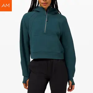 Personalizzazione Spugna Slam Fit Metà Della Chiusura Lampo Verde Scuro di Sport Delle Donne Crop Felpa Con Cappuccio