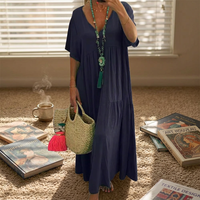 Robe longue décontractée en coton et lin pour femme, col en V, manches courtes, coupe ample et fluide à volants