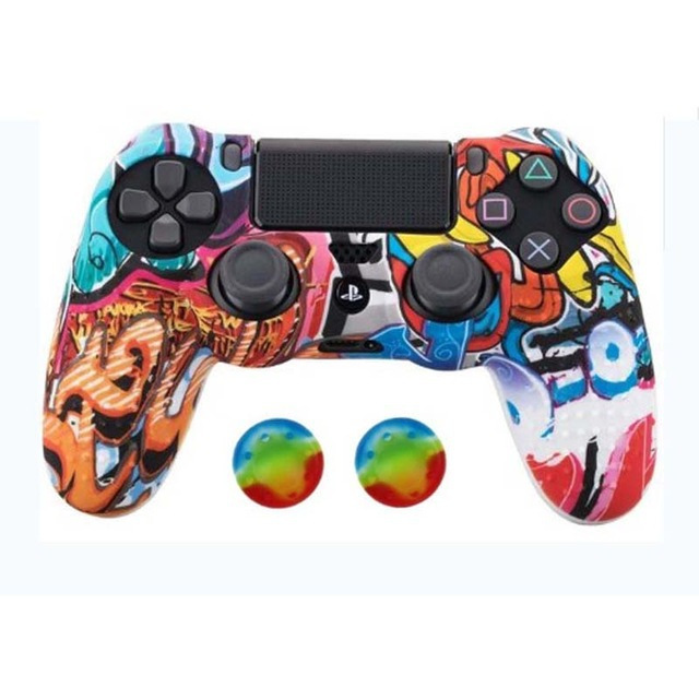 For PS4 Game Controller Protective Case with Light Function Camouflage Silicone Cover Water Printing Keycaps New Condition