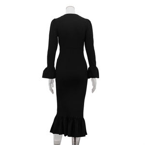 2025 <span class=keywords><strong>in</strong></span> <span class=keywords><strong>maglia</strong></span> tinta unita Button-Up con volant <span class=keywords><strong>svasato</strong></span> ufficio autunno abito nero donna abiti lunghi donna - Product Image 5