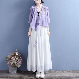 Traditional Chinese Cotton Linen Embroidered Mid Sleeve Top Women Zen Style Tea Dress Green Blue White - Product Image 3