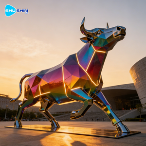 モダンな磨き上げられた十字デザインの等身大幾何学模様ステンレス鋼雄牛彫刻モデル、屋外および家庭装飾用 - Product Image 6