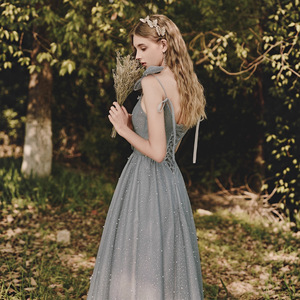 Elegant Strapless A-Line Evening Dress Gray Floral Print Empire Waistline Midi Length For Bridesmaids - Product Image 4