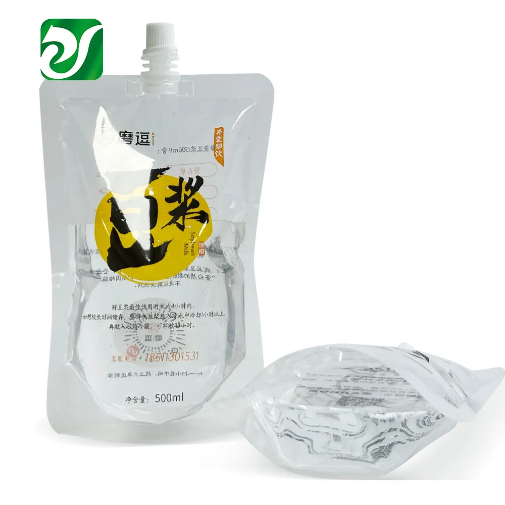 Supporto trasparente stampato latte di soia sacchetto di storta personalizzato per uso alimentare sacchetto di plastica beccuccio