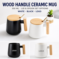 Mug en céramique avec poignée en bois, impression de logo personnalisé, 301-400 ml, avec couvercle et cuillère, blanc et noir, pour le café, le thé, le bureau, usage quotidien
