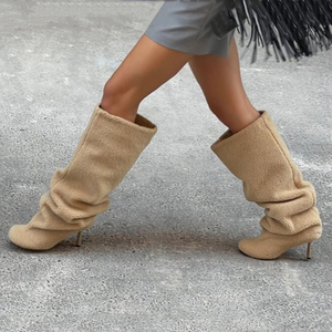 Botas altas de mujer con forro de piel grueso, tacones finos, estilo holgado para invierno, punta cuadrada, parte superior plisada, botines largos - Product Image 5