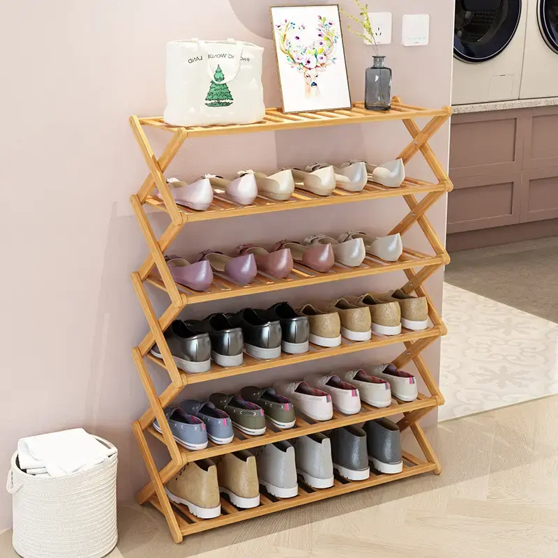 Vente en gros étagère à chaussures empilable moderne et personnalisée pour le salon étagère à chaussures étagère à chaussures écologique en bambou pour meubles de maison image