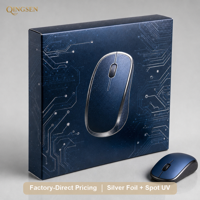 Custom Premium Wireless Mouse Packaging Folding Box Tuck End Rectangle Silver Foil Spot UV for Consumer Electronics Use