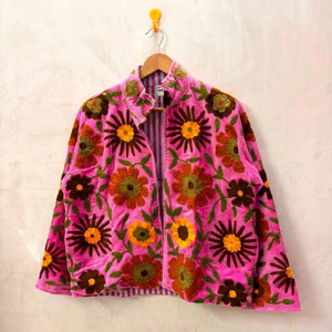 Handmade Pink <b>Velvet</b> Embroidered Suzani <b>Jacket</b> with Floral Pattern Full Sleeve Stand Collar Handmade Bohemian Winter Coat - Product Image 1