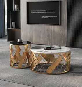Bắc Âu tròn kết cấu bằng đá cẩm thạch sofa bên cuối bàn đặt phòng khách vàng đen kim loại hàng đầu hiện đại sang trọng làm tổ Bàn cà phê